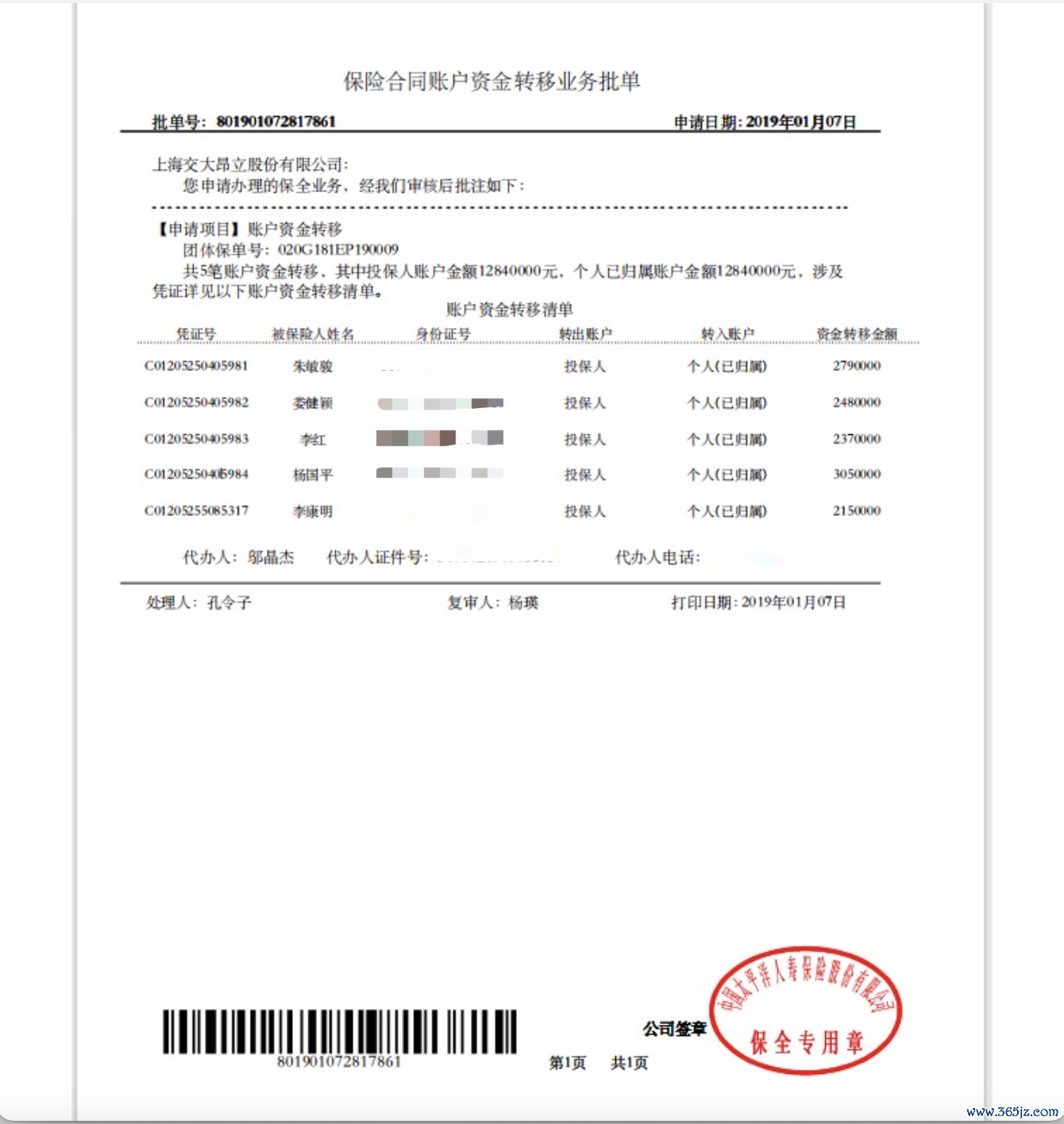 2019年1月太平洋东说念主寿将保费退至5位时任高管个东说念主账户